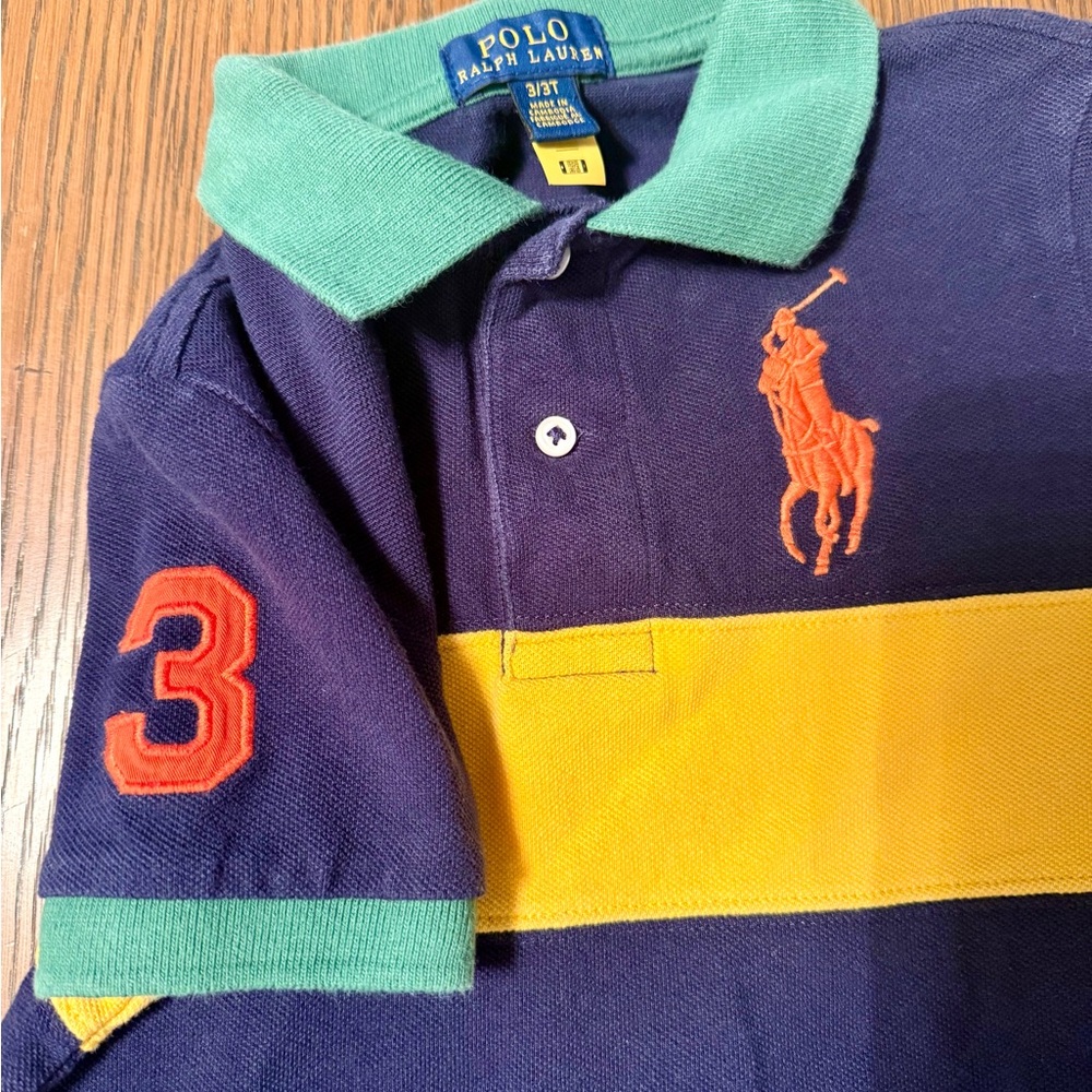 Polo by Ralph Lauren Toddler Boy Big Pony Navy Blue and Yellow Polo Shirt - Picture 2 of 4